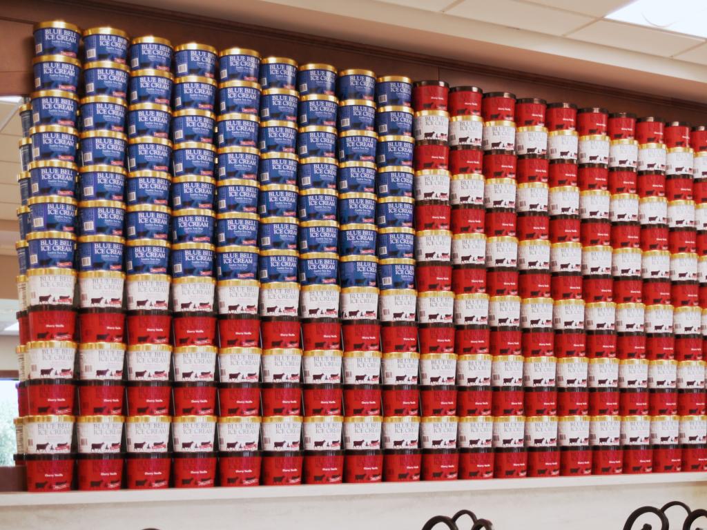 Blue Bell Creameries factory recreation of the American flag using ice cream tubs in Brenham, Texas.