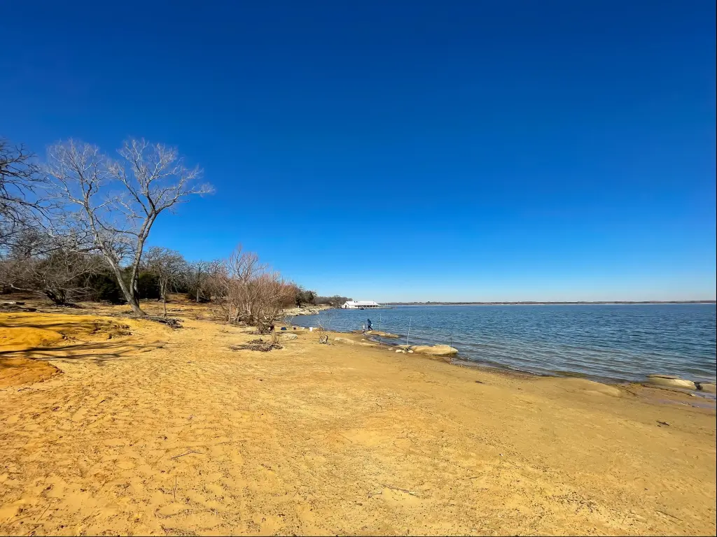 Golden sandy shoreline on the banks of Lewisville Lake, Texas, with a clear blue sky above