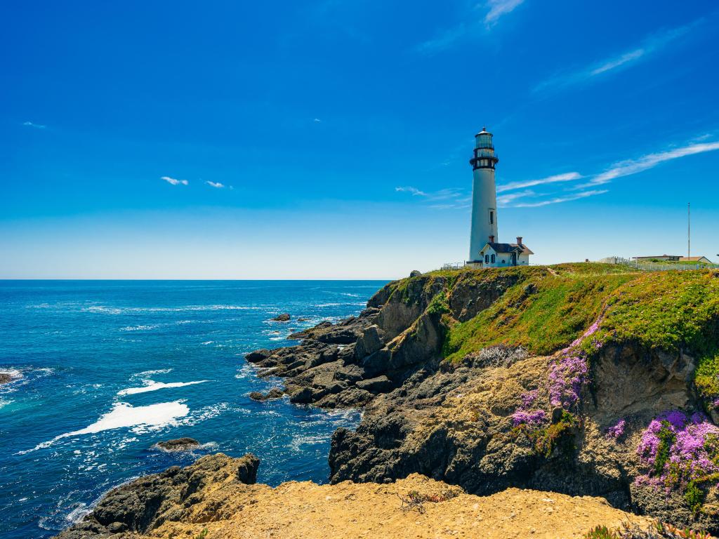 Pigeon Point Lighthouse, Pescadero, California, USA, a landmark of Pacific Coast Highway (Highway 1) at Big Sur, surrounded with colorful wildflowers in spring time.