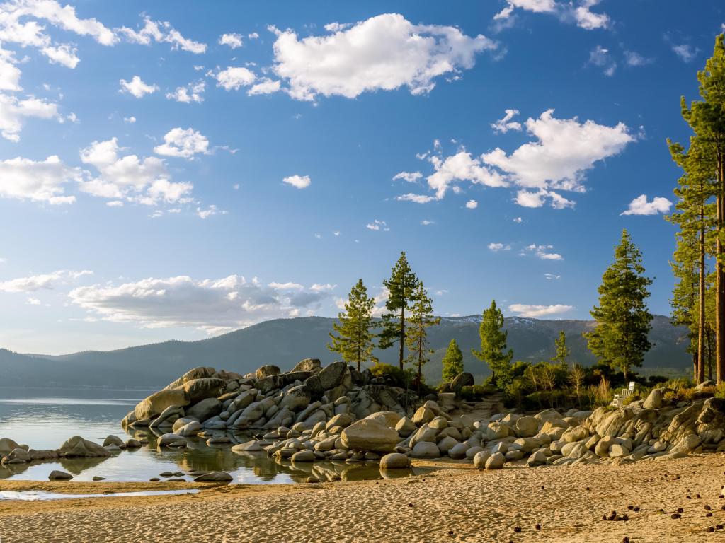 Sand Harbor State Park, Nevada, USA with tall, straight pine trees lit by golden hour sun, sand and large rocks on the beach and mountains in the distance. 
