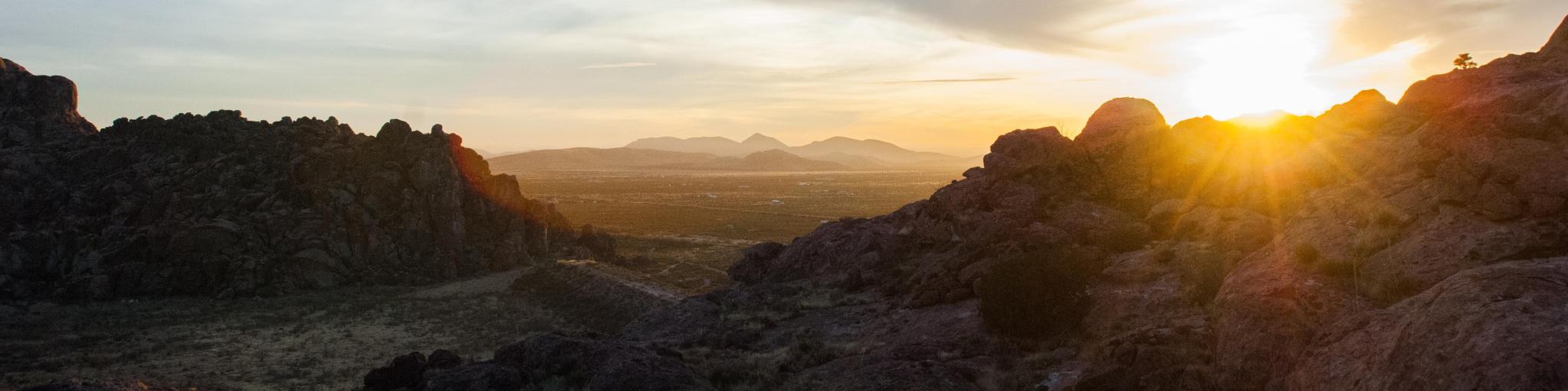 Scenic landscape view of Hueco Tanks State Park in El Paso, Texas, USA during sunset.