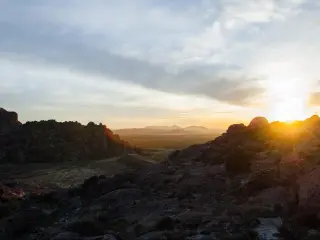 Scenic landscape view of Hueco Tanks State Park in El Paso, Texas, USA during sunset.
