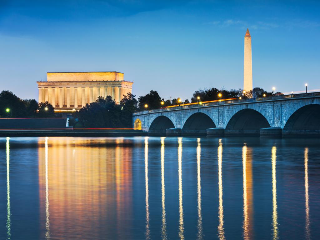 Washington DC, USA skyline on the Potomac River at night.