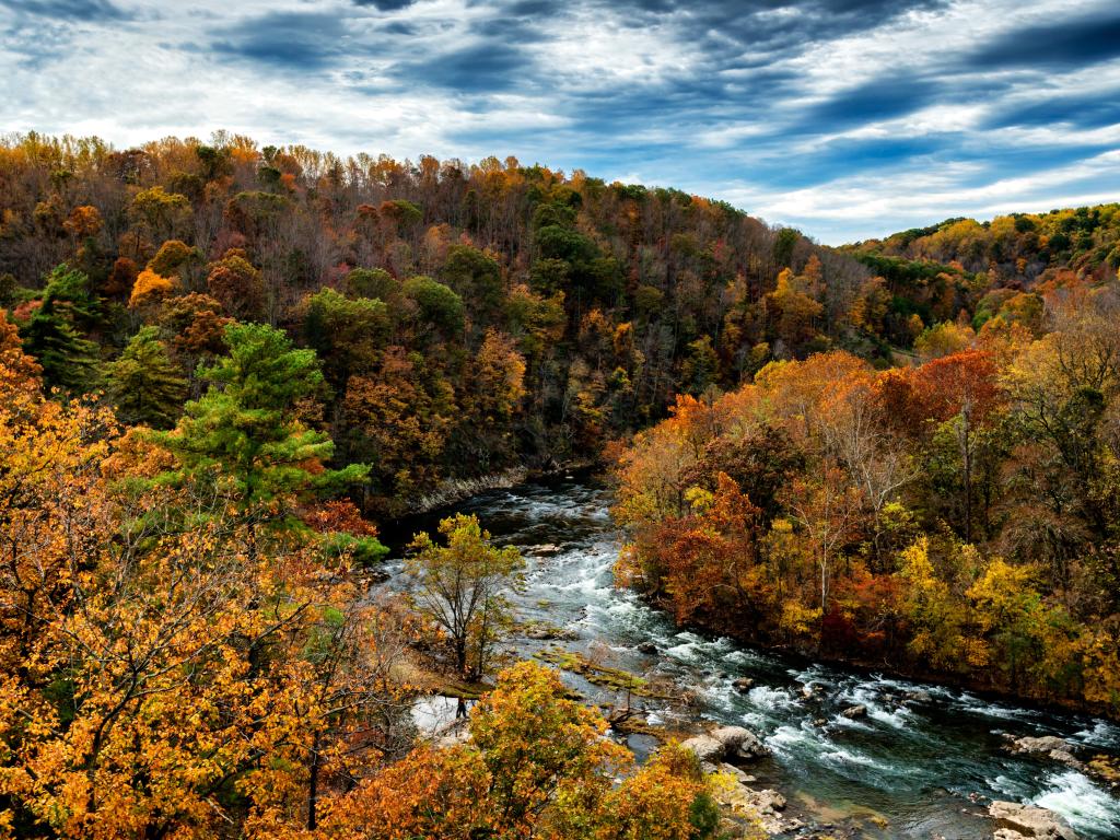 The Roanoke River cloaked in autumn beauty along the Blue Ridge Parkway National Park, Virginia, USA