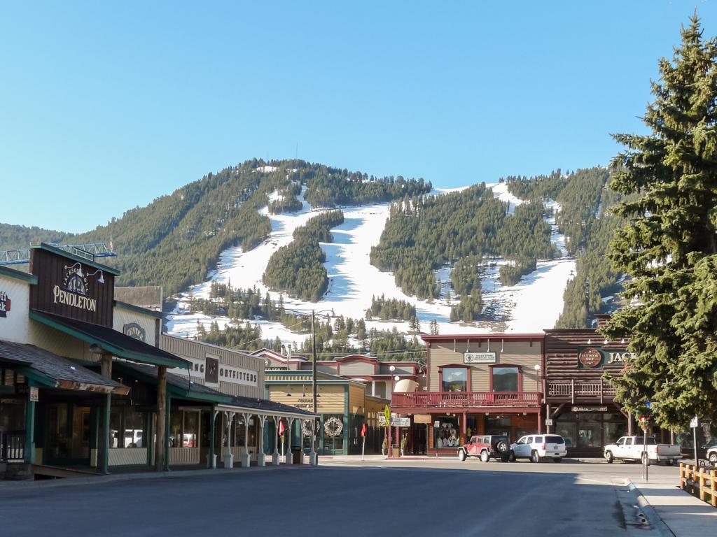 Ski slopes above the classic street of Jackson Hole, Wyoming.