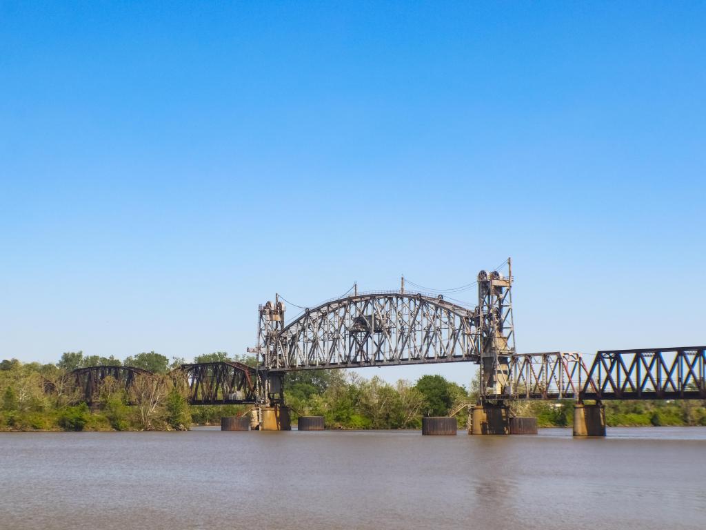 Vertical-lift through truss bridge over the Arkansas River on the Arkansas & Missouri Railroad between Fort Smith and Van Buren in Van Buren Arkansas