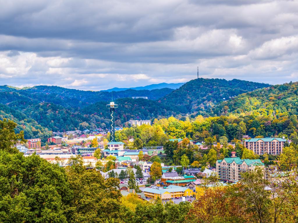 Gatlinburg, Tennessee, USA town skyline in the Smoky Mountains.