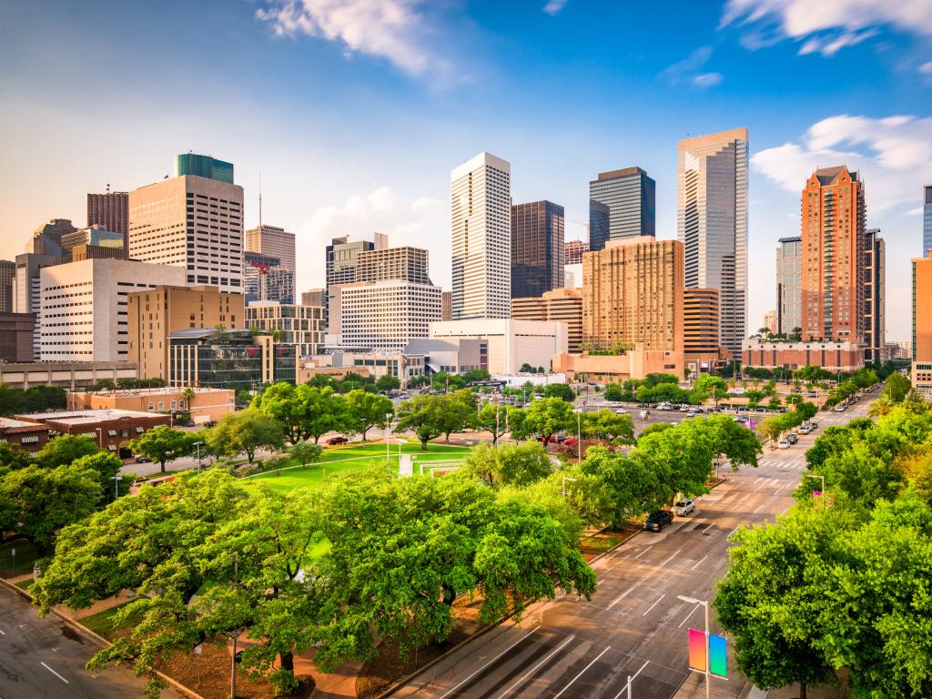 Skyline of Houston, Texas downtown from behind Root Square 