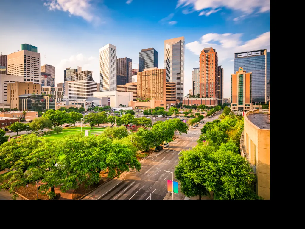 Skyline of Houston, Texas downtown from behind Root Square 