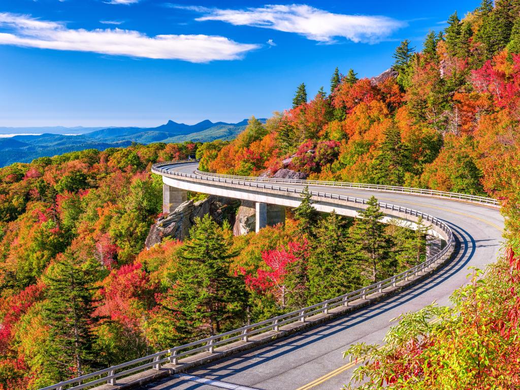 Viaduct hugs side of hill with many trees in fall colors