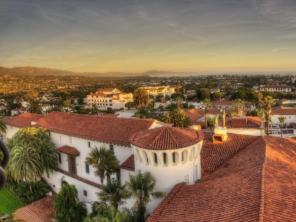 Santa Barbara, USA taken at sunset with a view of the houses and trees.