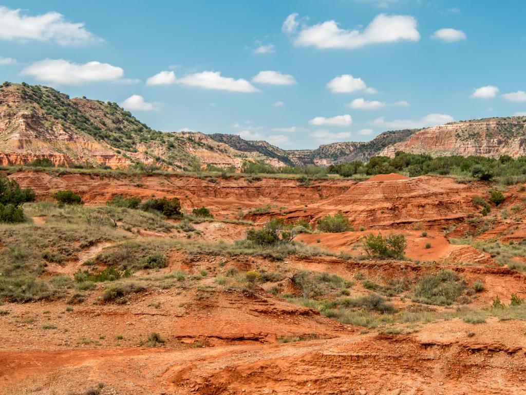 Palo Duro Canyon State Park, USA with a panoramic view of the red rolling terrain and mountains in the distance under a sunny blue sky. 