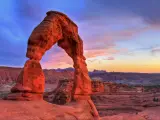Panoramic view of the red rocks of Delicate Arch in Arches National Park in Moab, Utah