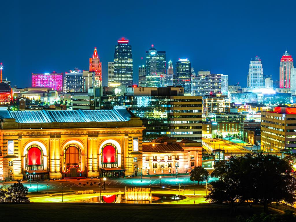 Kansas City skyline by night, viewed from Liberty Memorial Park, near Union Station. Kansas City is the largest city in Missouri.