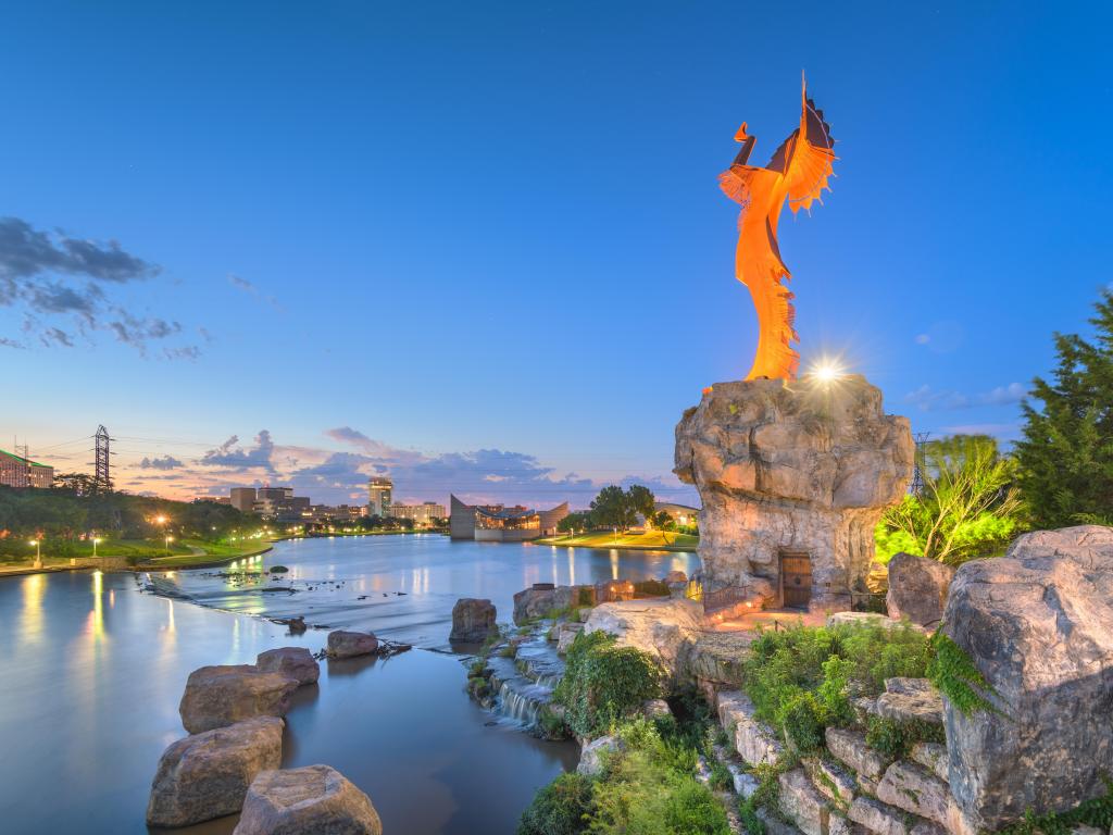 Meeting of the Arkansas and Little Arkansas River beneath the Keeper of the Plains near downtown Wichita at dawn