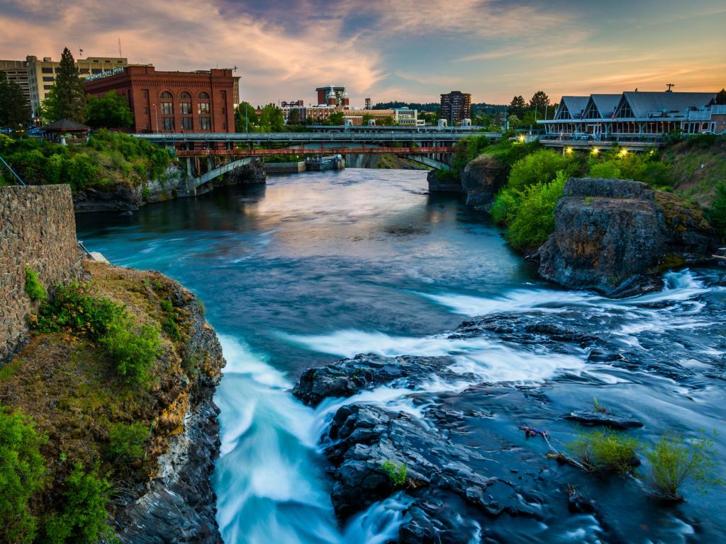 Spokane Falls and view of buildings in Spokane, Washington.