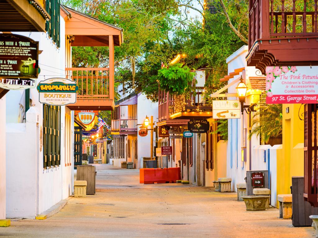 St. Augustine, Florida, USA with a view of the shops and inns line St. George. Once the main street, it is still considered the heart of the city.