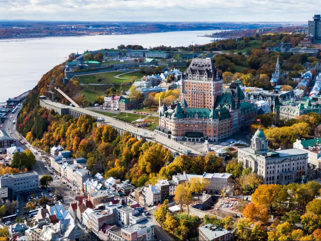 Quebec City, Canada taken as an aerial view of Frontenac Castle in Old Quebec City in the Fall season.