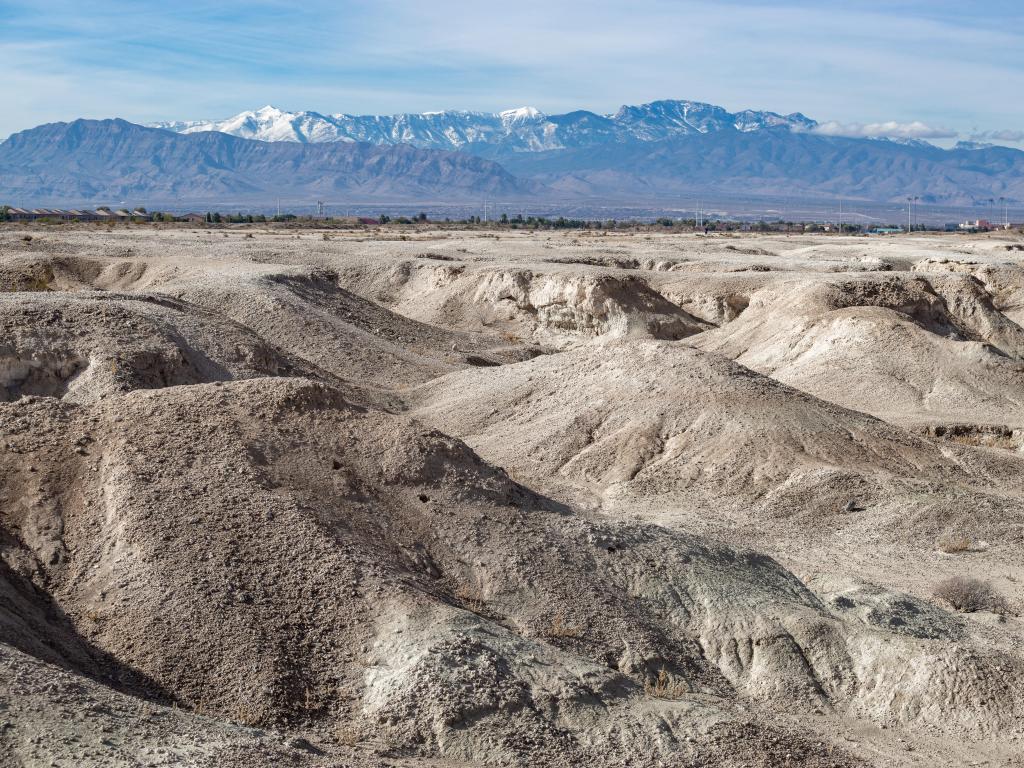 White gypsum hills near Las Vegas with Mt. Charleston in the distance