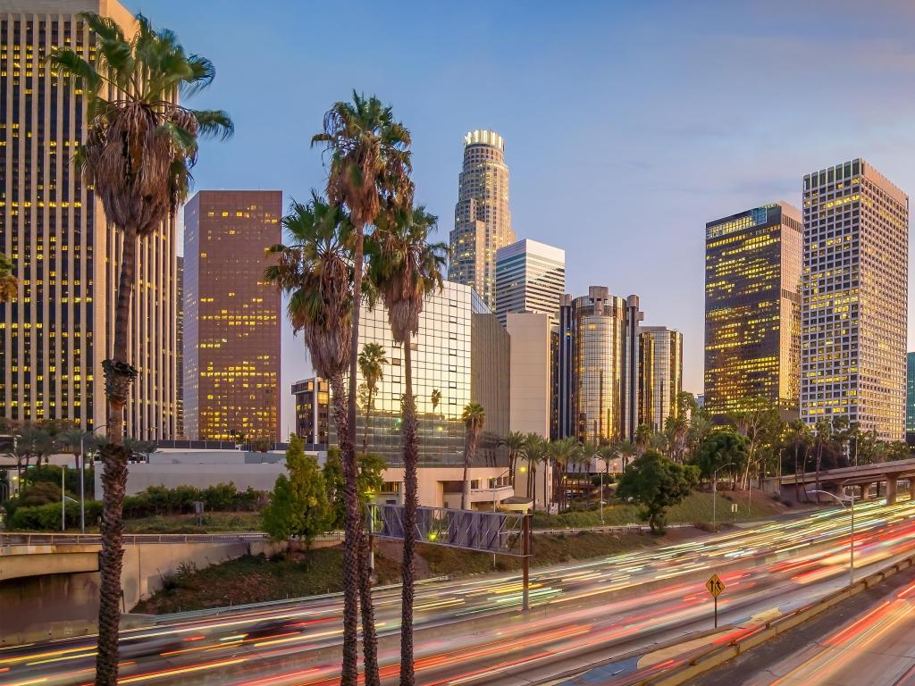 Los Angeles, CA, USA with a beautiful sunset of Los Angeles downtown skyline.