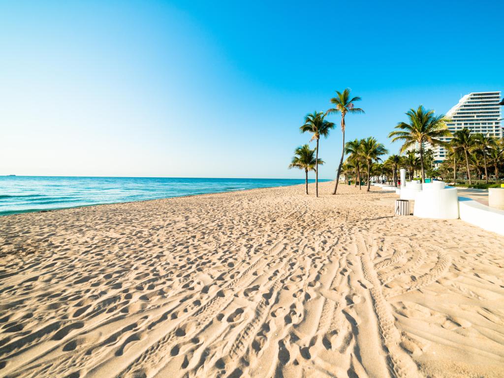 Fort Lauderdale, Florida with a quiet beach, golden sand on beautiful blue sky morning with hotels in the background.