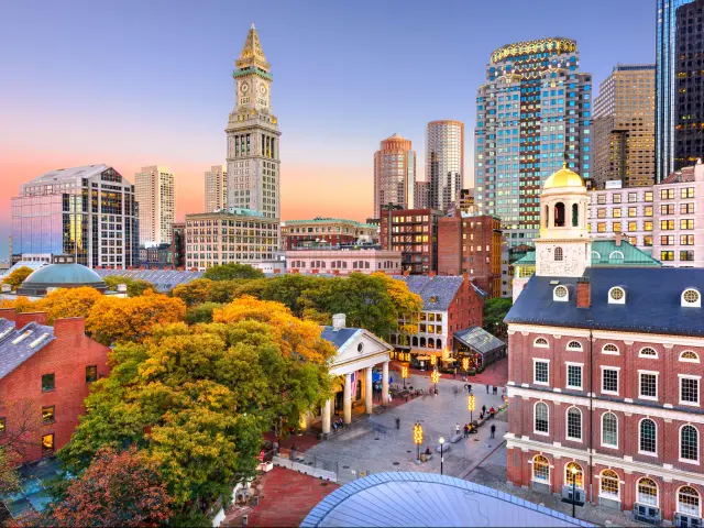 Skyline view of Faneuil Hall and Quincy Market in Boston, Massachusetts