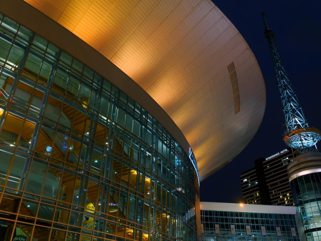 Bridgestone Arena at night - a concert venue in Nashville, Tennessee