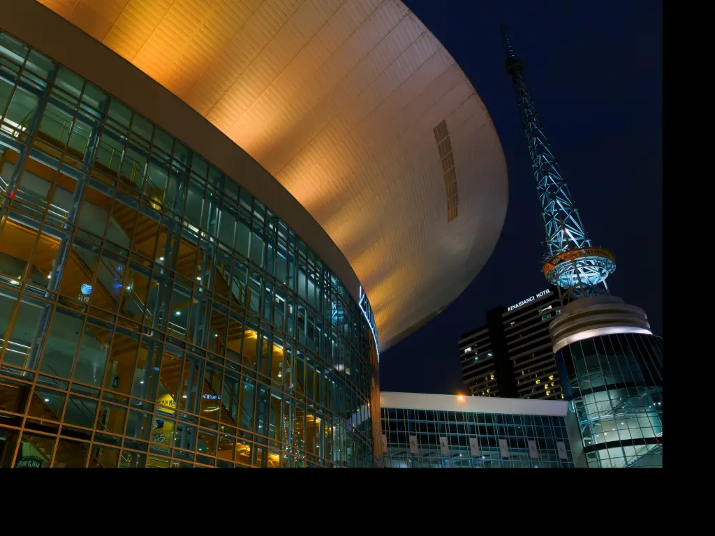 Bridgestone Arena at night - a concert venue in Nashville, Tennessee