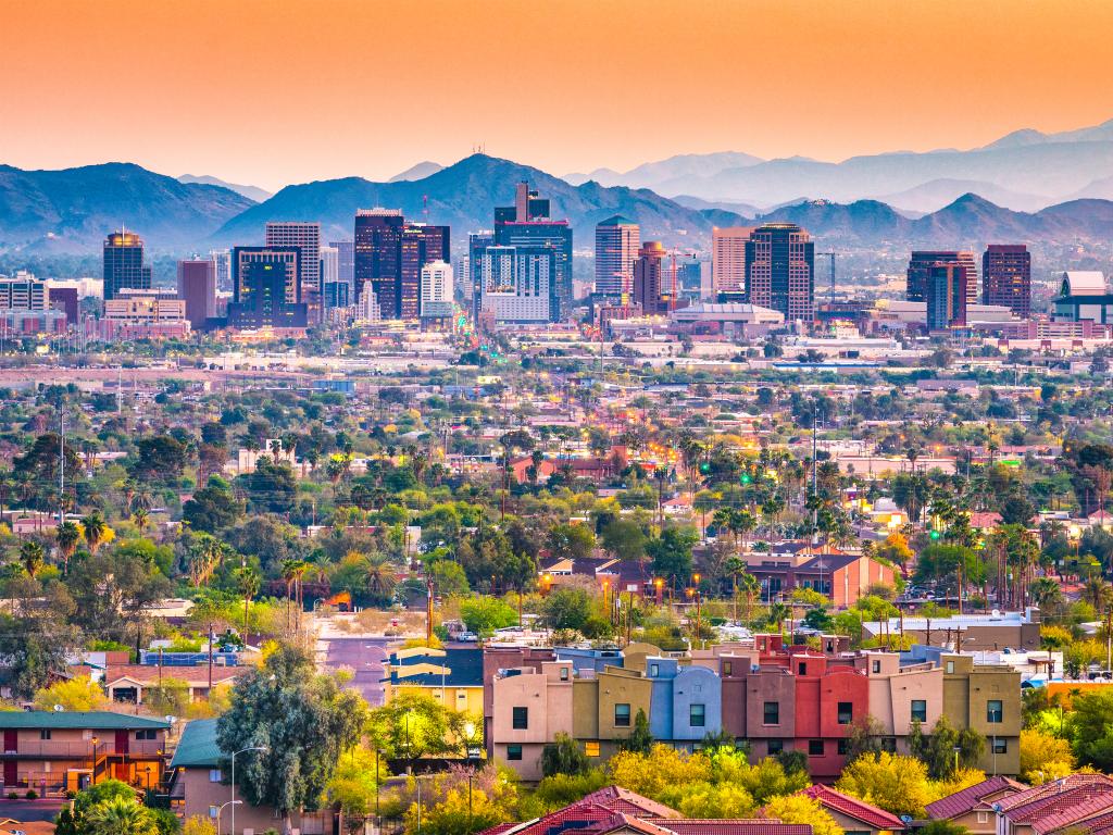 Skyline of downtown Phoenix, Arizona with mountains in the background