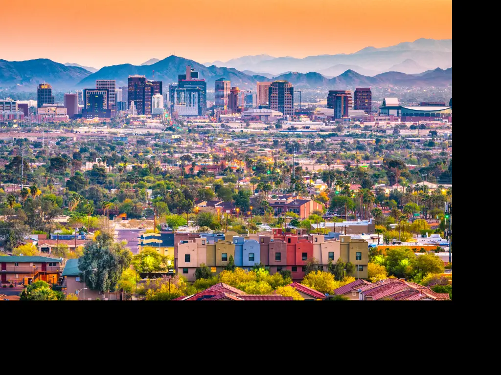 Skyline of downtown Phoenix, Arizona with mountains in the background