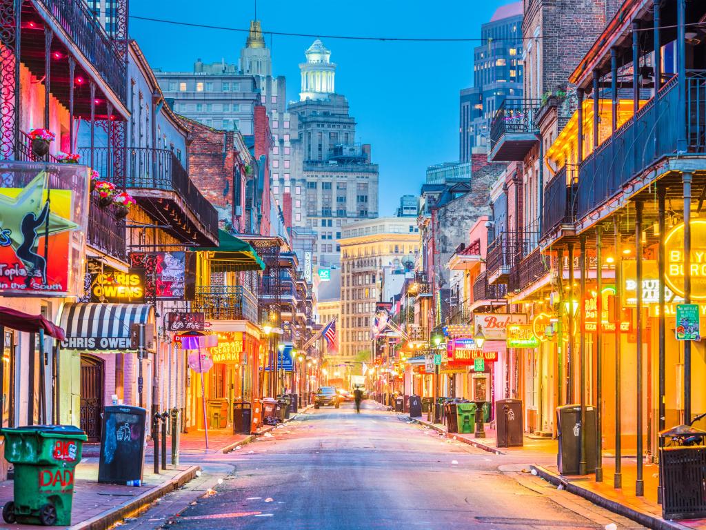 New Orleans, Louisiana, USA taken at Bourbon Street in the early morning. The renown nightlife destination is in the heart of the French Quarter.