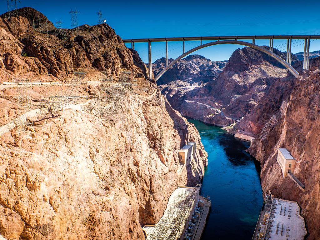 Hoover Dam, Nevada, USA taken at Memorial Bridge over the Colorado River on a sunny day.