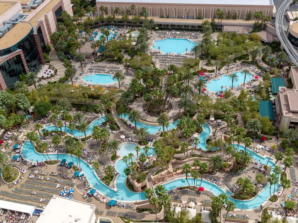 Aerial view of the massive pool complex at MGM Grand