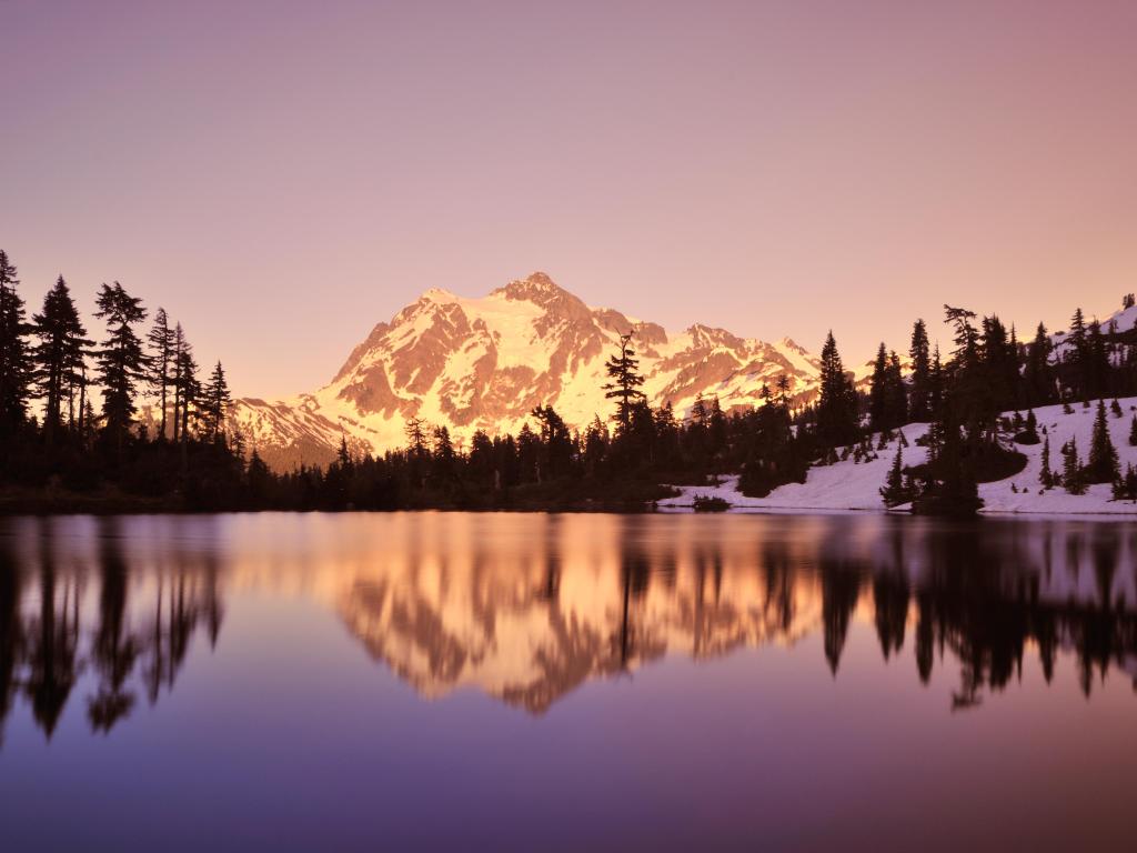 Mt Shuksan with a lake at sunset, near Mt Baker in Snoqualmie National Forest, WA
