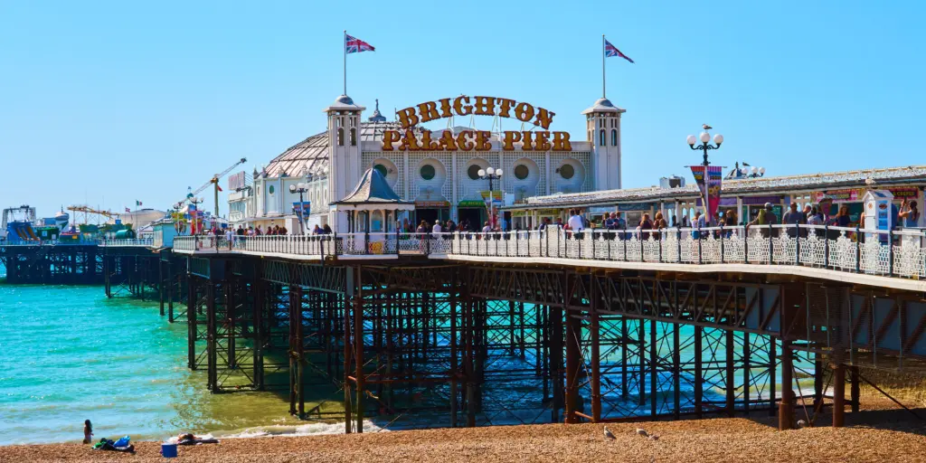 The entrance to Brighton Palace Pier on a sunny day 