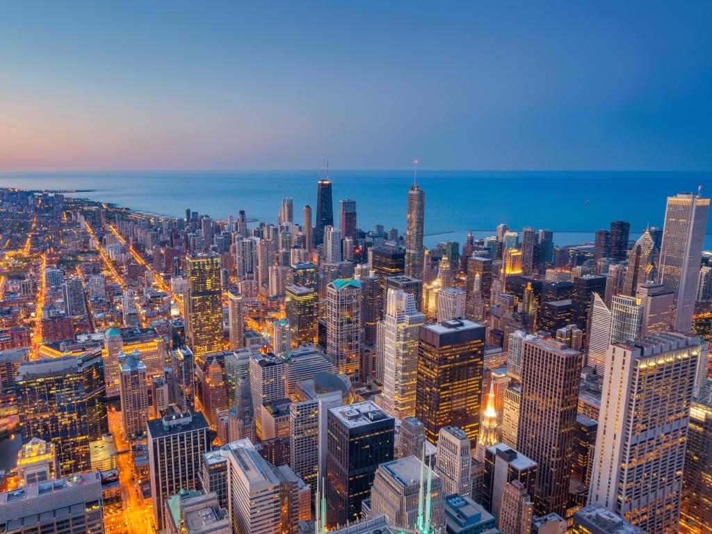 Chicago skyline at dusk with Lake Michigan in the background