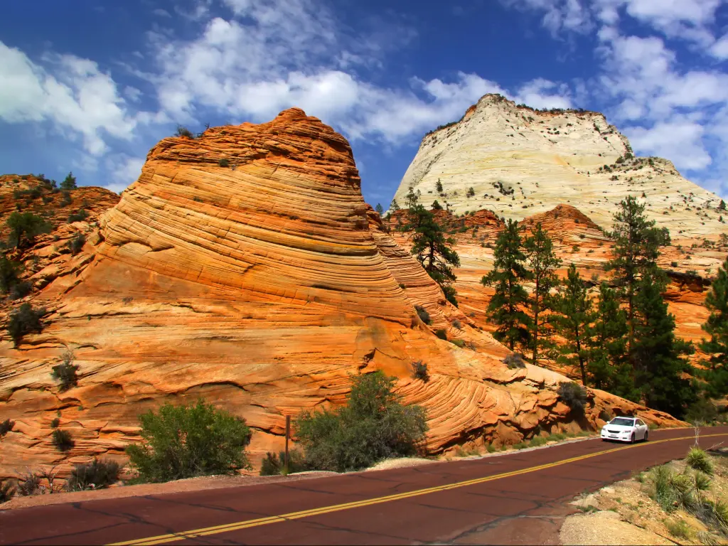 White car follows scenic drive past massive red rocks in Zion National Park, Utah, USA