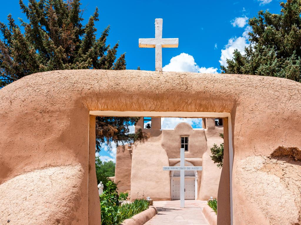 Ranchos de Taos St Francis Plaza and San Francisco de Asis church in Taos on a sunny day