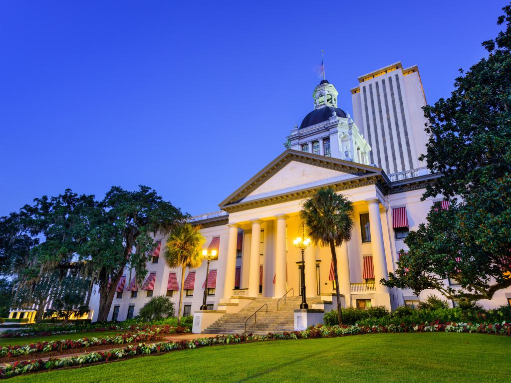 Tallahassee, Florida, USA at the Old and New Capitol Building taken at early evening with lights around the building and trees in the foreground. 