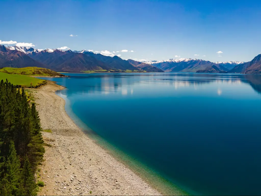 Panoramic vibrant photos of Lake Hawea and mountains, South Island, New Zealand