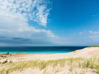 Bright blue skies and the waters of Lake Michigan at Sleeping Bear Dunes National Lakeshore