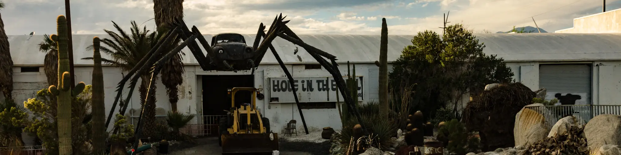 Roadside spider sculpture crafted from a VW in Palm Springs