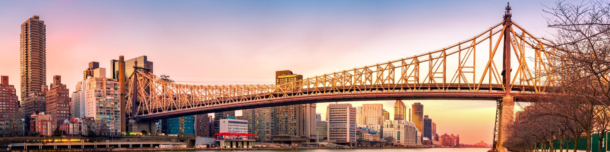 Queensboro bridge panorama at sunset, as viewed from Roosevelt Island