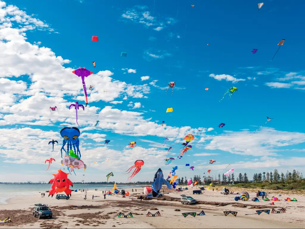 Adelaide, Australia during the Adelaide International Kite Festival at Semaphore Beach during spring.