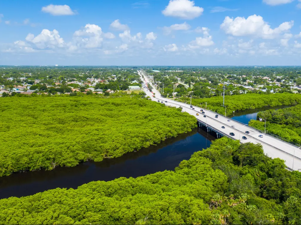 Port St. Lucie, Florida with dense greenery in the foreground, a road bridge over a river and more greenery into the distance on a sunny day. 