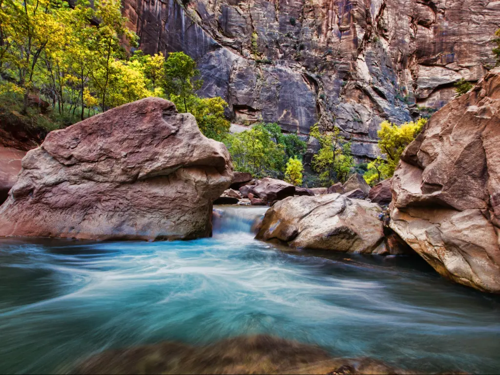 Virgin Narrows River in Zion National Park. The photo depicts a fast flowing river in a red canyon.